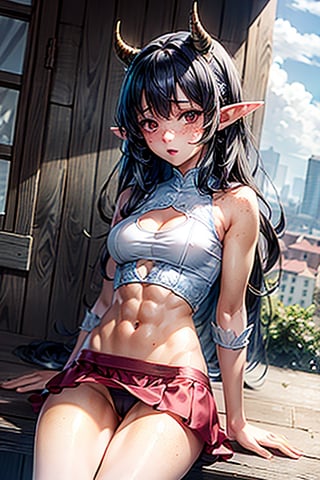 anime screencap, cowboy shot, scenery, cinematic lighting, sitting, legs open, medium breasts, cameltoe, bodycon dress, upskirt, expressive panties, freckles, elf ears, tiny demon horns, tight midriff shirt, abs, expressive eyes, red eyes, black hair, long hair, disheveled hair, view from below, tavern

1girl

