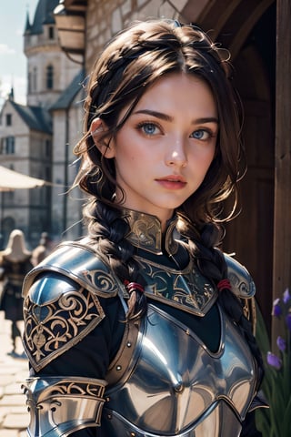 (masterpiece, best quality),(extremely intricate:1.3), (realistic), 1girl, 18 year old, caucasian, green eyes, perfect eyes, perfect iris, perfect pupils, perfect lips,perfect nose, perfect hands, very detailed hands, perfect fingers, black hair, short hair, straight hair, small braid in her hair, (medieval armor), metal reflections, outdoors, far away castle, (ornately decorated armor), (insanely detailed, bloom:1.5), chainmail, intense sunlight, professional photograph of a stunning woman detailed, sharp focus,  award winning, cinematic lighting, blurry background, upper body, ((confident)), (Pose:looking at the camera)