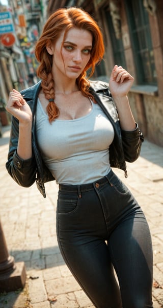 score_9, score_8_up, score_7_up, BREAK, cute, smily face, braided Red hair, alternative vibe, 25 year old, (European ginger female:1.3), Porcelain skin, freckles, beautiful green eyes, medium breasts, subtle cleavage, (cozy lounge), black leather jacket, black tight jean pants, stunning legs, dynamic angle, vibrant lighting, high contrast, dramatic shadows, highly detailed, detailed skin, depth of field, film grain, fit body