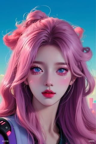 2023 style attractive and glowing super detailed lofi pastel kpop girl, very detailed and well designed expressive eyes, realistic anime, lofi vaporwave anime city landscape, synthwave, futuristic vibes, vaporwave colour, anime, modern style, 2023 style, simple --niji