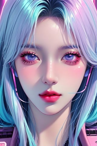 2023 style attractive and glowing super detailed lofi pastel kpop girl, very detailed and well designed expressive eyes, realistic anime, lofi vaporwave anime city landscape, synthwave, futuristic vibes, vaporwave colour, anime, modern style, 2023 style, simple --niji