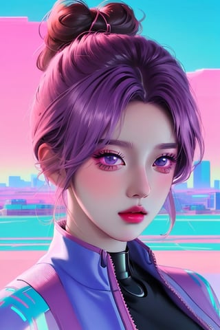 2023 style attractive and glowing super detailed lofi pastel kpop girl, very detailed and well designed expressive eyes, realistic anime, lofi vaporwave anime city landscape, synthwave, futuristic vibes, vaporwave colour, anime, modern style, 2023 style, simple --niji