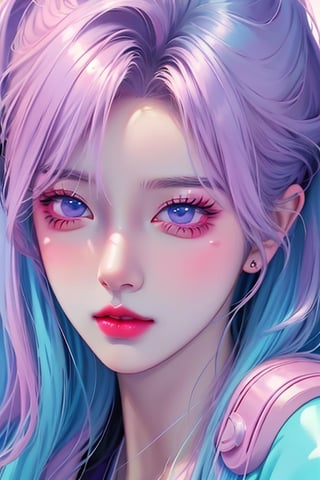 2023 style attractive and glowing super detailed lofi pastel kpop girl, very detailed and well designed expressive eyes, realistic anime, lofi vaporwave anime city landscape, synthwave, futuristic vibes, vaporwave colour, anime, modern style, 2023 style, simple --niji