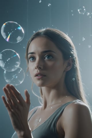 beautiful girl with flying glass (dispersion, refraction, caustics:1.3), man looks at her and he is so strong in background,Movie Still,Film Still