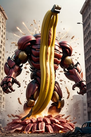 big monster [banana: beetle: 0.5] advertising, volumetric light, fractals, explosion, epic heatwave, epic shockwave, pieces of meat around, soundwave, (USSR poster style:1.3), building destruction, avengers style, Movie Still,Movie Still,Film Still