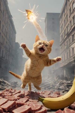 medium banana cat [banana: cat: 0.3], advertising, volumetric light, fractals, explosion, epic heatwave, epic shockwave, pieces of meat around, soundwave, (USSR poster style:1.3), building destruction, avengers style, Movie Still,Movie Still,Film Still