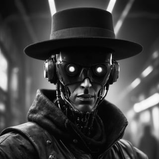 the dark man [man: robot: 0.5], with dark hat and (implants:1.3), (stares into camera:1.1), grunge, brutal, dark, detective, (ski-fi:1.3), hitech, (cyberpunk:1.3), realism, black and white