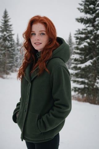 Photorealistic analog portrait of a 25-year-old redhair Irish woman in winter, captured outdoors while wearing a green puffy hoodie. The composition adheres to the rule of thirds, featuring dramatic lighting that accentuates her medium hair and detailed face. Noteworthy elements include freckles, a collar or choker, and a subtle smirk. The woman is adorned with a tattoo, adding an extra layer of intricacy. The background, rendered in raw and realistic detail, contributes to the overall atmosphere. The analog approach ensures a genuine and raw quality to the image, emphasizing the woman's unique features within the context of a winter setting. she smile and shy