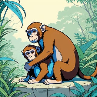 Monkeys playing hug together in their enclosure, background at the zoo, (in the combined style of Mœbius and french comics), (minimal vector:1.1)