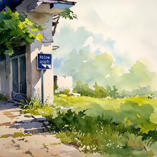 Fantasy realistic watercolor painting art of wall of abandon building. there sign at wall " follow ILDZIKF.AI "