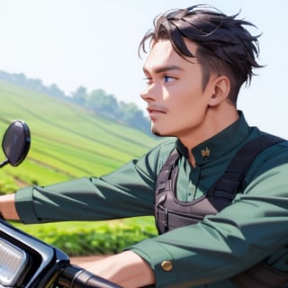 Handsome man ride motorcycle, perfect irish, perfect  eyes, perfect anatomy, seen from afar