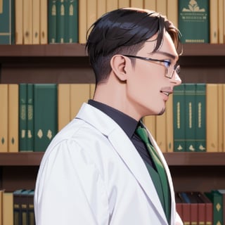 Handsome man as librarian with eyeglass, perfect irish, perfect  eyes, perfect anatomy, seen from afar