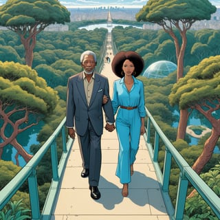 Morgan Freeman with his one negro wife, hold hands, looking to zoo monkey section, ((Bird’s eye view)), (in the combined style of Mœbius and french comics), (minimal vector:1.1)