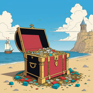 An illustration of a Alexander the Greatd found treasure chest, (in the combined style of Mœbius and french comics), (minimal vector:1.1)