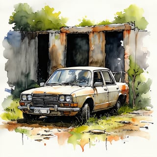 Fantasy realistic watercolor painting art of vehicle trapped at abandon wall, Obsolete, neglected, wrecks, faded, ugly 