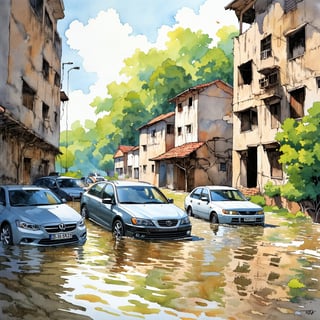 Fantasy realistic watercolor painting art of wall of abandon building with flood around, with vehicles trapped, Obsolete cars, neglected cars, car wrecks