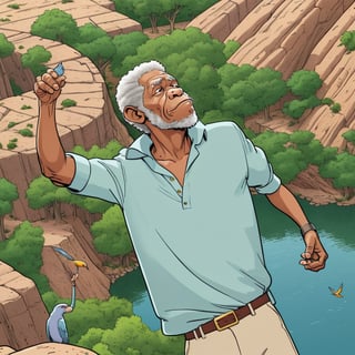 Morgan Freeman  throwing a stone to zoo monkey section, ((Bird’s eye view)), (in the combined style of Mœbius and french comics), (minimal vector:1.1)