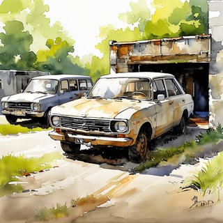 Fantasy realistic watercolor painting art of wall of abandon vehicles 