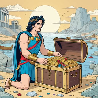 An illustration of a Alexander the Great hold treasure background found treasure chest, (in the combined style of Mœbius and french comics), (minimal vector:1.1)