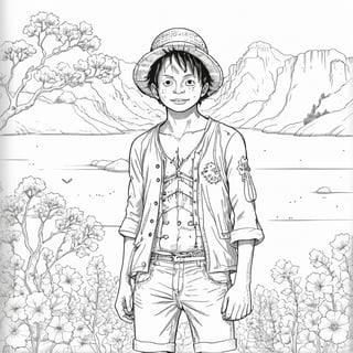 coloring book, bold line art. White and black minimalistic draw coloring page for Monkey Di Luffy. Defined lines. Clean Drawn. Vector, Coloring Page, Bold line art, Coloring Book, Outline, Coloring, Coloring Sheet, Coloring Book, Coloring Page, Black and white, illustration, Draw, drwbk coloring book drawing