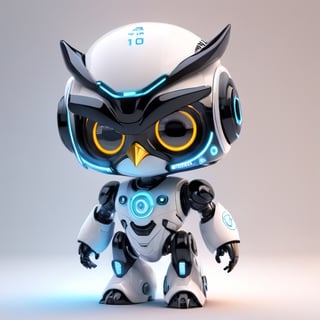 centered, ((solo)), digital art, full body, | cute of robot wearing owl helmet, chibi, black and blue sky futuristic, neon lights, | (white background:1.2), simple background, | (symetrical), glowing eyes, ((text " TA" on body, number " 10 " on chest,)), ,JB64