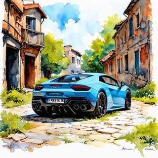 Fantasy realistic watercolor painting art of abandon lamborghini huracan evo For a thousand years