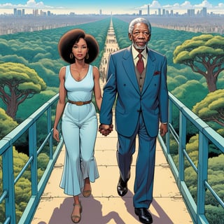 Morgan Freeman with his one negro wife, hold hands, looking to zoo monkey section, ((Bird’s eye view)), (in the combined style of Mœbius and french comics), (minimal vector:1.1)