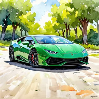 Fantasy realistic watercolor painting art of abandon lamborghini huracan evo For a thousand years