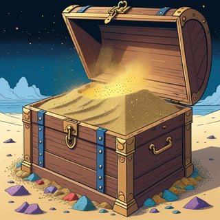 An illustration of a full of dust inside treasure chest, full dust otside of treasure chest, (in the combined style of Mœbius and french comics), (minimal vector:1.1)