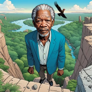 Morgan Freeman  throwing a stone to zoo monkey section, ((Bird’s eye view)), (in the combined style of Mœbius and french comics), (minimal vector:1.1)