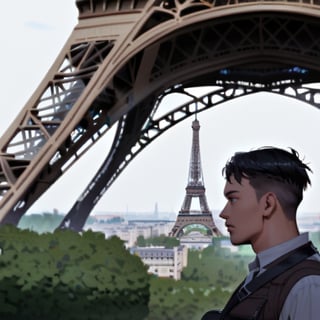 Handsome man travelling at eiffel tower, perfect irish, perfect  eyes, perfect anatomy, seen from afar