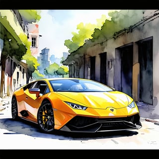 Fantasy realistic watercolor painting art of abandon lamborghini huracan evo