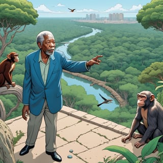 Morgan Freeman  throwing a stone to zoo monkey section, ((Bird’s eye view)), (in the combined style of Mœbius and french comics), (minimal vector:1.1)