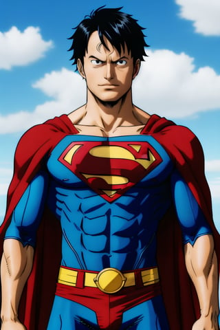 superman suit, muscular man, attractive young man, kal-el, monkey d luffy, superman suit in black,Realism,One piece style