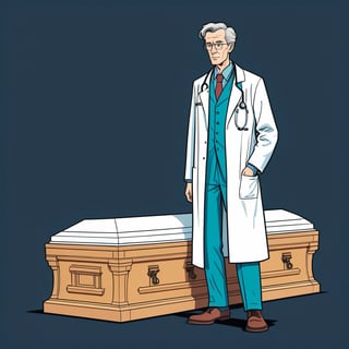 An illustration of A doctor standing helplessly next to a coffin, (in the combined style of Mœbius and french comics), (minimal vector:1.1)