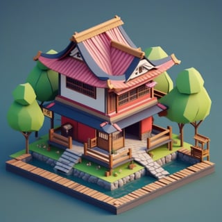 cute 3D isometric model of ninja house | blender render engine niji 5 style expressive,3d isometric,3d style,