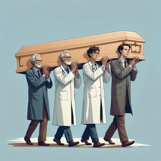 An illustration of 4 people of doctor carrying a coffin with hands, (in the combined style of Mœbius and french comics), (minimal vector:1.1)