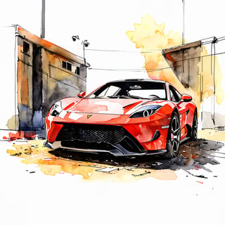 Fantasy realistic watercolor painting art of wall of abandon sport car 