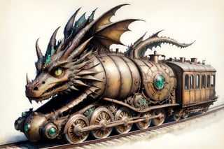 (Best quality, High quality, masterpiece, Watercolor_pencil painting, ligne_claire, Illustration, ), ((stylized art style, painted by Egon Schiele and Gustave Doré and Rembrandt)),, ,image of dragon train,(viewed from above:1.5)