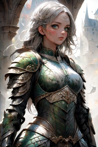 (((Top Quality: 1.4))), (Unparalleled Masterpiece), (Ultra High Definition), (Art by Carne Griffiths), (Ultra-Realistic 8k CG), official art,attractive posing, female gladiator, stunningly beautiful cleaned face,highly detailed armor , messy Hair,  muscular_body:1.4, tanned skin:1.4,,large breasts,( stone buildings background),sunlight makes beautiful gradient of shadow and adds depth to image, (muted colors, dim colors, muted tones: 1.3), low saturation, (hyper detail: 1.2), perfect anatomy,(upper body image :1.5),Female,dragon armor