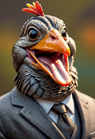 face close up illustration of anthropomorphic (fat)baby turkey ,(furry), (lovely),dressed in a dark gray suit, (sticking out tongue:1.5),(happy smiling eyes:1.5),(smile:1.2),wearing glasses, soft lighting, Cinematic, hdr, primitive, Intricate, High quality, smoothing tones, Intricate details, Low contrast,(viewed from side:2.0), (looking at viewer:1.5), simple background,comic book