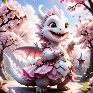  portrait of cute dragon,(singing pose), high quality,() ,intricate details, highly detailed dress ,smile,highly detailed flower decorations, long tail , (wind effect), cherry_blossom background,sun light,perfect lighting,(full body image:1.5),more detail XL,,cute dragon,sticker,ULTIMATE LOGO MAKER [XL],disney pixar style