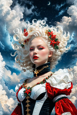 (christman theme:1.5),Cinematic,realistic photo of albino girl, wearing highly detailed christmas costume,(wind effect:1.2),accessories inspired by christmas wreath, motifed  ,vibrant colors,moon stars and clouds in sky background, fantasy, warm tone, surreal, 8k resolution photorealistic masterpiece by Aaron Horkey and Jeremy Mann, professional photography, volumetric lighting maximalist photoillustration by marton bobzert, 8k resolution concept art intricately detailed, complex, elegant, expansive, fantastical, mythical clouds