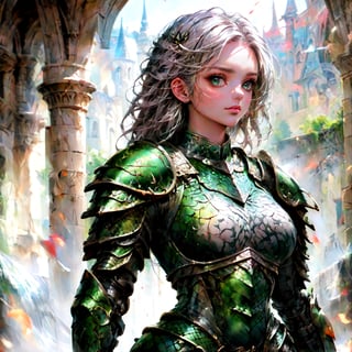 (((Top Quality: 1.4))), (Unparalleled Masterpiece), (Ultra High Definition), (Art by Carne Griffiths), (Ultra-Realistic 8k CG), official art,attractive posing, female gladiator, stunningly beautiful cleaned face,highly detailed armor , messy Hair,  muscular_body:1.4, tanned skin:1.4,,large breasts,( stone buildings background),sunlight makes beautiful gradient of shadow and adds depth to image, (muted colors, dim colors, muted tones: 1.3), low saturation, (hyper detail: 1.2), perfect anatomy,(upper body image :1.5),Female,dragon armor