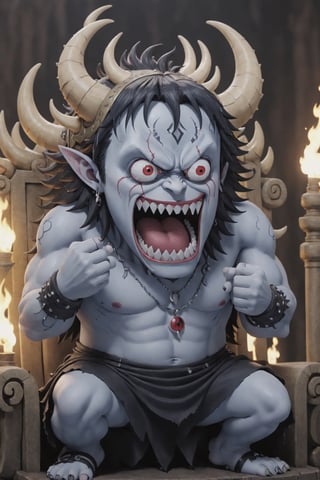 Hyper-realistic, Cinematic Render, fantasy movie, chibi satan,tiny, ((very cute)) demon boy, big head, very large eyes , large pointy ears, ((dark blue skin, scaly)), prince of demon,dark black hair, (devil wings on his back), ((tiny shiny black horns)), demon tail, freckles, chubby, shy giggle, piercing purple eyes, warpaint, sitting on the throne, necklaces, bracelets, bone headdress, inside dark fantasy palace, torches, bone decorations, ,Monster,PEOPShockedFace