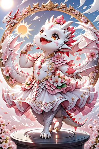  portrait of cute dragon,(dancing pose), high quality,() ,intricate details, highly detailed dress ,smile,highly detailed flower decorations, long tail , (wind effect), cherry_blossom background,sun light,(full body image:1.5),more detail XL,,cute dragon,sticker