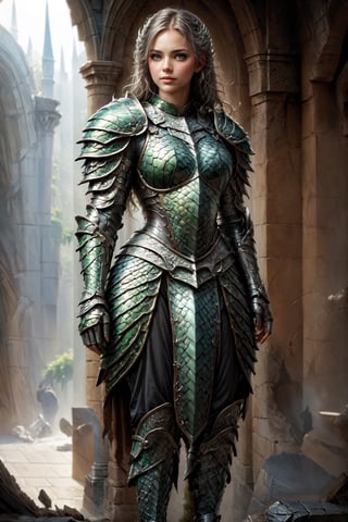 (((Top Quality: 1.4))), (Unparalleled Masterpiece), (Ultra High Definition), (Art by Carne Griffiths), (Ultra-Realistic 8k CG), official art,attractive posing, female gladiator, stunningly beautiful cleaned face,highly detailed armor , messy Hair,  muscular_body:1.4, tanned skin:1.4,,large breasts,( ruins background),sunlight makes beautiful gradient of shadow and adds depth to image, (muted colors, dim colors, muted tones: 1.3), low saturation, (hyper detail: 1.2), perfect anatomy,(half body image from head to thigh:1.2),Female,dragon armor