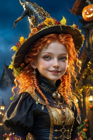 (Aetherpunk style:1.4),wide angle,8k , ultra quality ,nature,pagan imagery,cute very young Halloween witch,10 years old girl,(lovely smile),,art by Giuseppe Arcimboldo,gold detailed,utopia,magic,(Halloween atmosphere),neon detailed,beasts,mages,((in Halloween town,amazing scenery)),(highly detailed:1.2),(ultra realism:1.2), realistic, detailed, textured, skin, hair, eyes, by Alex Huguet, Mike Hill, Ian Spriggs, JaeCheol Park, Marek Denko,(side view:1.5)
,