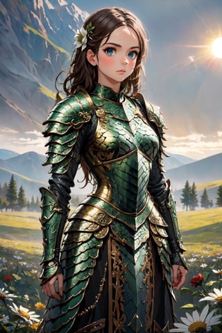 (masterpiece),(best quality),(extremely intricate),(sharp focus),(cinematic lighting),(extremely detailed),A young girl in dragon armor,standing in a meadow of wildflowers. She has long brown hair adorned with wildflowers. Her expression is determined,and her eyes are shining with courage. The sun is shining brightly behind her,casting a golden glow over the scene.,flower4rmor,flower bodysuit,Flower,dragon armor