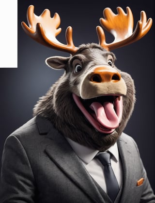 face close up photo of anthropomorphic moose,(tongue), (furry),dressed in a dark gray suit, (sticking out tongue:1.5),(happy smile:1.5),(playful:1.2), soft lighting, Cinematic, hdr, primitive, Intricate, High quality, smoothing tones, Intricate details, Low contrast,(viewed from side:2.0), (looking at viewer:1.5), simple background,comic book